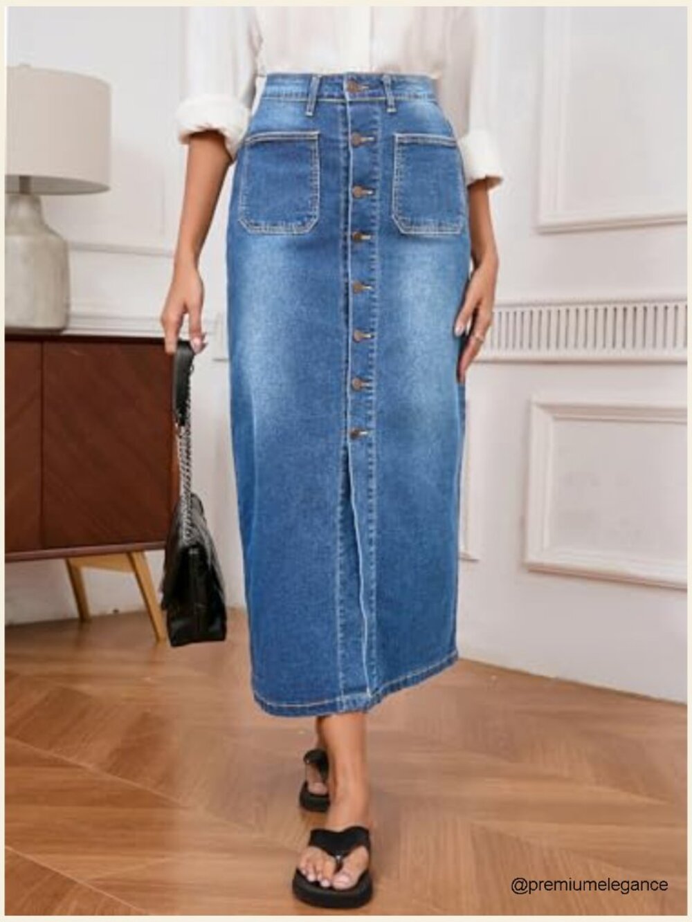 High Waist Stretch Midi Denim Jean Skirt with Pockets - Picture 3 of 5